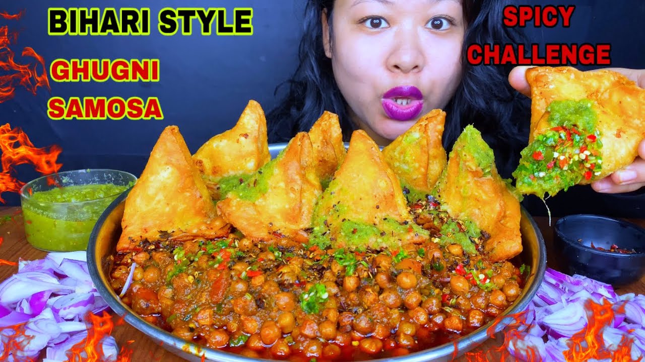 COOKING & EATING ‘BIHARI STYLE’ SPICY GHUGNI WITH SPICY SAMOSA  CHALLENGE🔥SAMOSA EATING MUKBANG ASMR