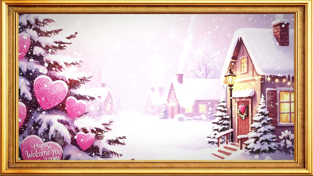 Happy Welcome You Home  4K Cozy Winter Cottage Art for TV Frame  Valentine Heart Screensaver
