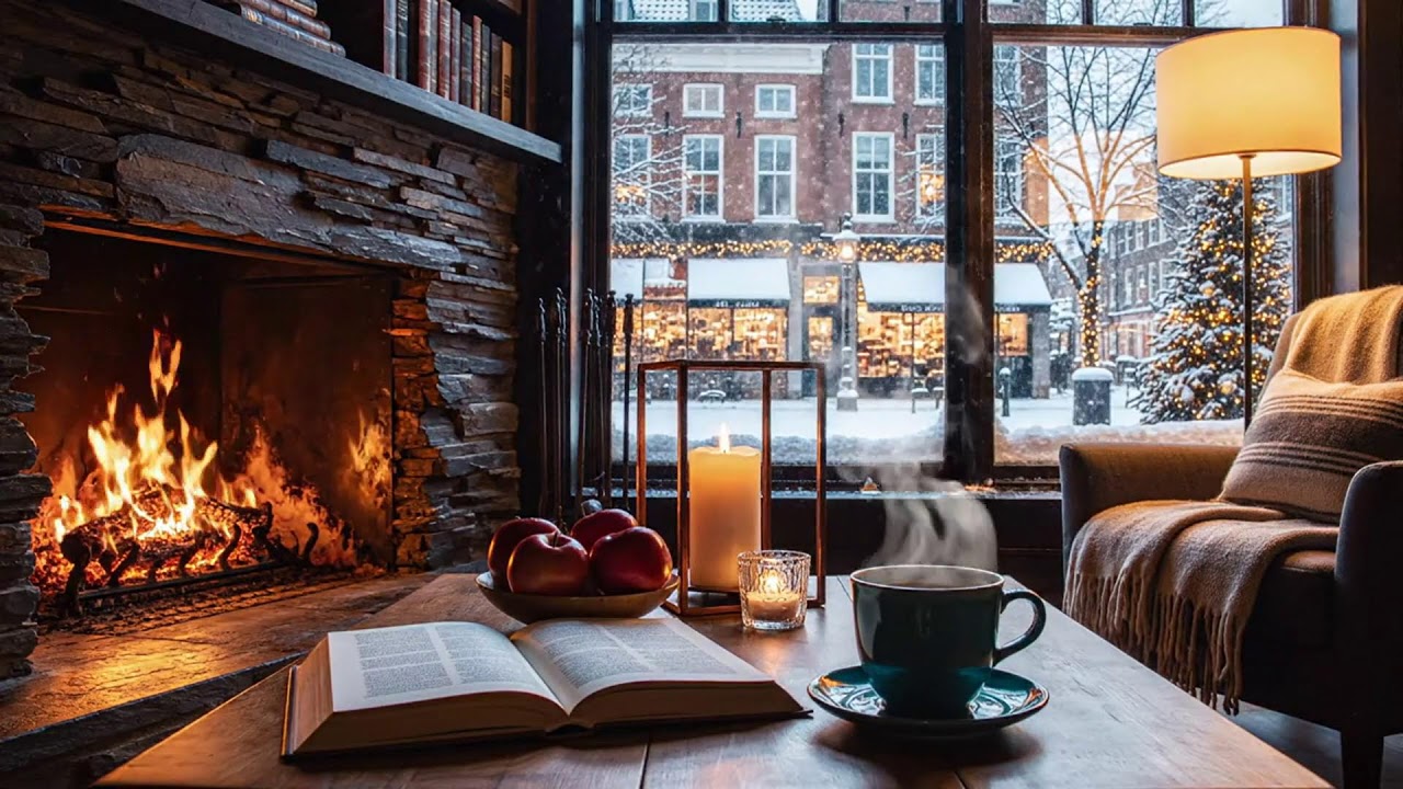 Winter Night Café Sounds ☕ Soft Jazz & Fireplace for Calm Productivity