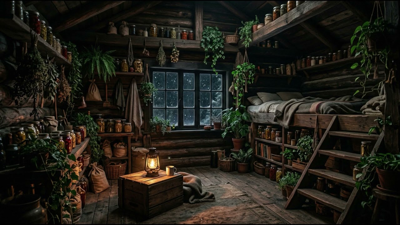 8 Hours | Deep Sleep Cabin Shadows – Soft Lantern Glow, Heavy Darkness, and Quiet Falling Snow