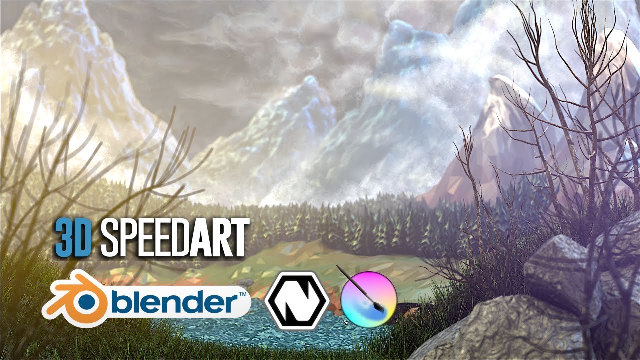 |  Blender + Natron + Krita  |  Nature Landscape with Low Poly Assets (3D Speed Art)