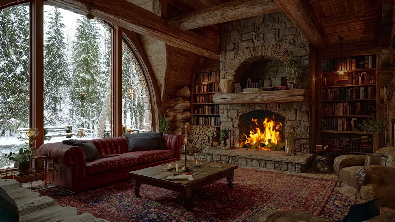 Cold Snow Wind Drifting Outside the Cabin | Warm Fireplace Crackling Sounds for Deep Relaxation