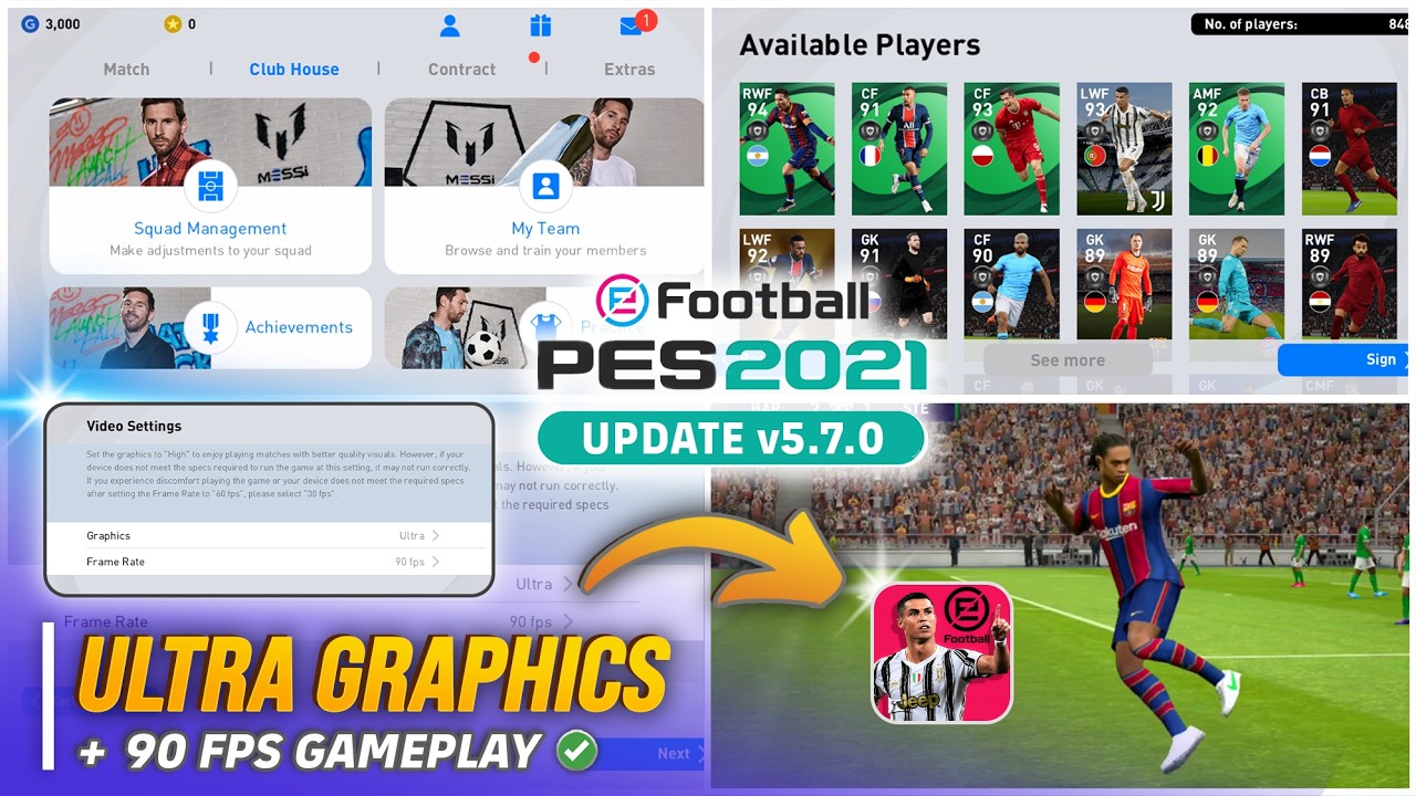 Обновление PES 2021 Mobile: премиум-тема | Ультраграфика + 90 FPS разблокировано 🔥