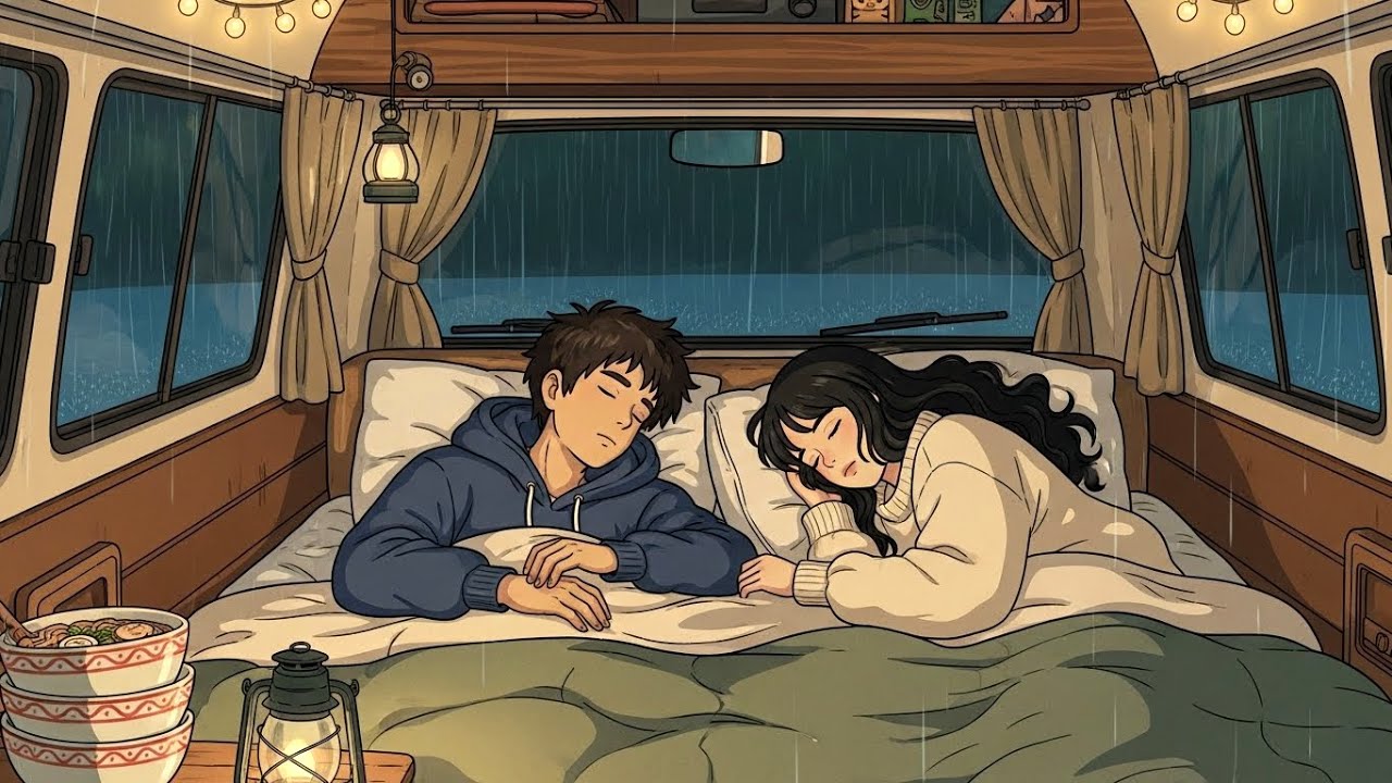 Family Overnight Adventure in Car During Rainstorm 🌧️ Studio Ghibli Vibes
