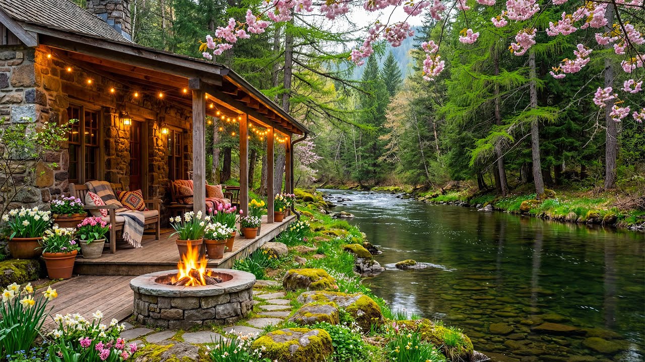 Perfect Spring Riverside Cabin Porch in Forest 🌿🔥 Crackling Fire, Birdsong & Gentle River Ambience