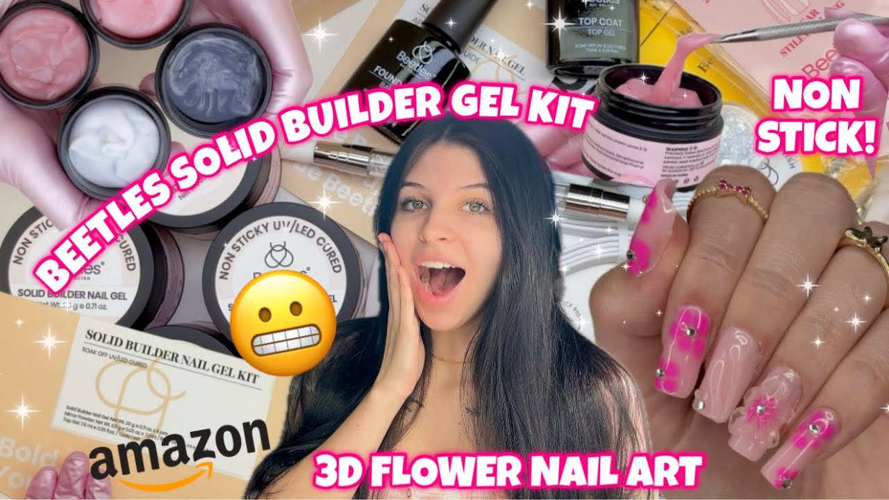 TRYING BEETLES NON STICK SOLID BUILDER GEL NAIL KIT FROM AMAZON | EASY 3D FLOWER NAIL ART