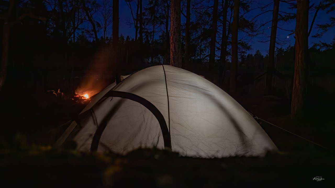 Camping in the forest. Lots of coffee and relaxing by the fire. 4K. Norway