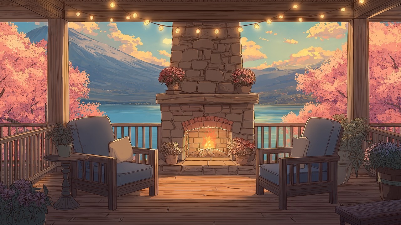 Cozy Spring Porch Ambience 🌸 Relaxing Jazz Instrumental & Crackling Fireplace to Read, Work & Focus