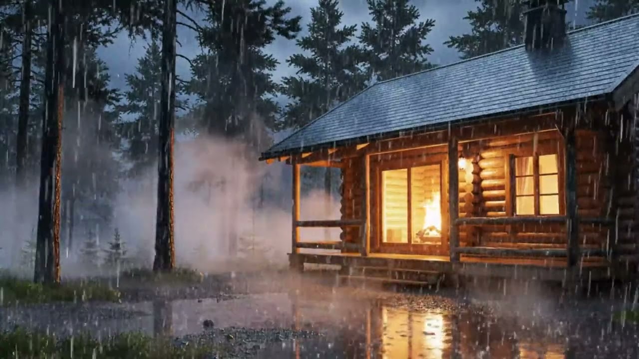 Cozy Cabin in Heavy Rain at Night 🌧️ Fireplace Ambience & Forest Rain Sounds for Sleep, Study, Rela