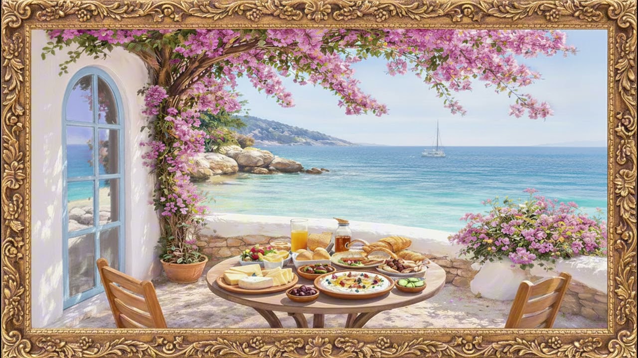 Mediterranean Beach Breakfast Terrace | Gold Frame TV Art Screensaver for TV | No Music