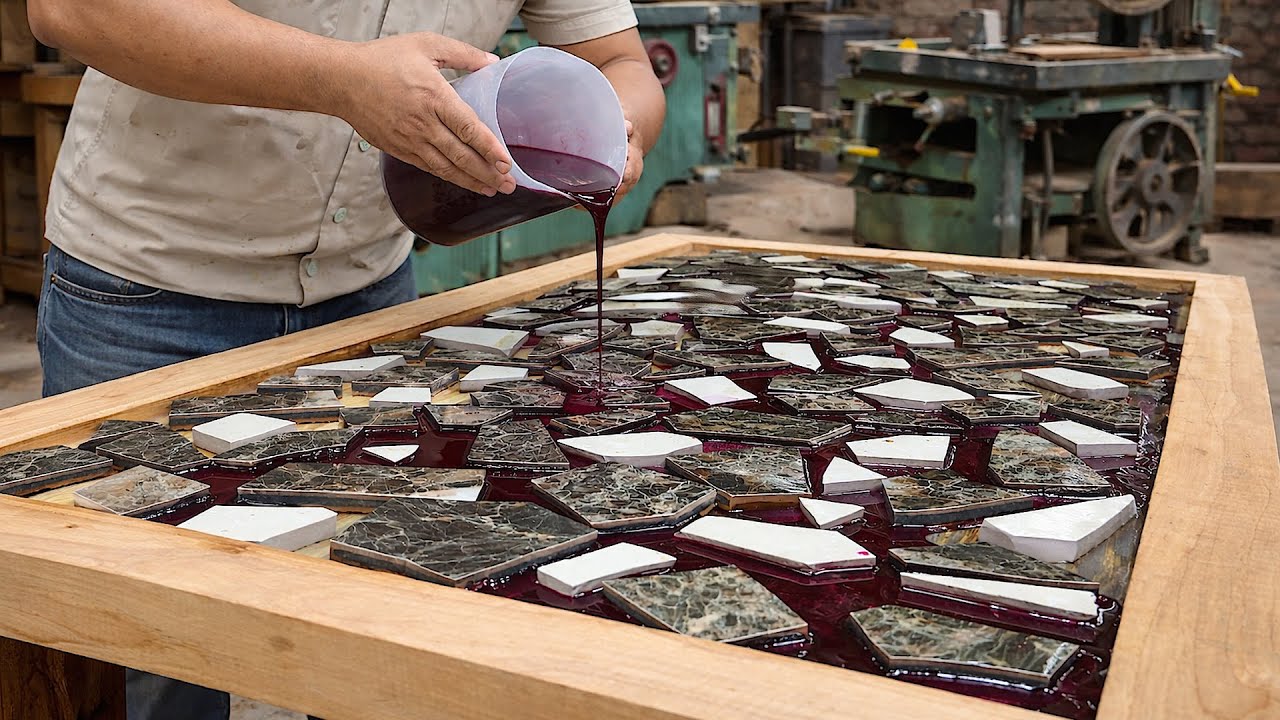 This Unique And Unusual Table Is Made From Broken Pieces Of Tile And Epoxy.