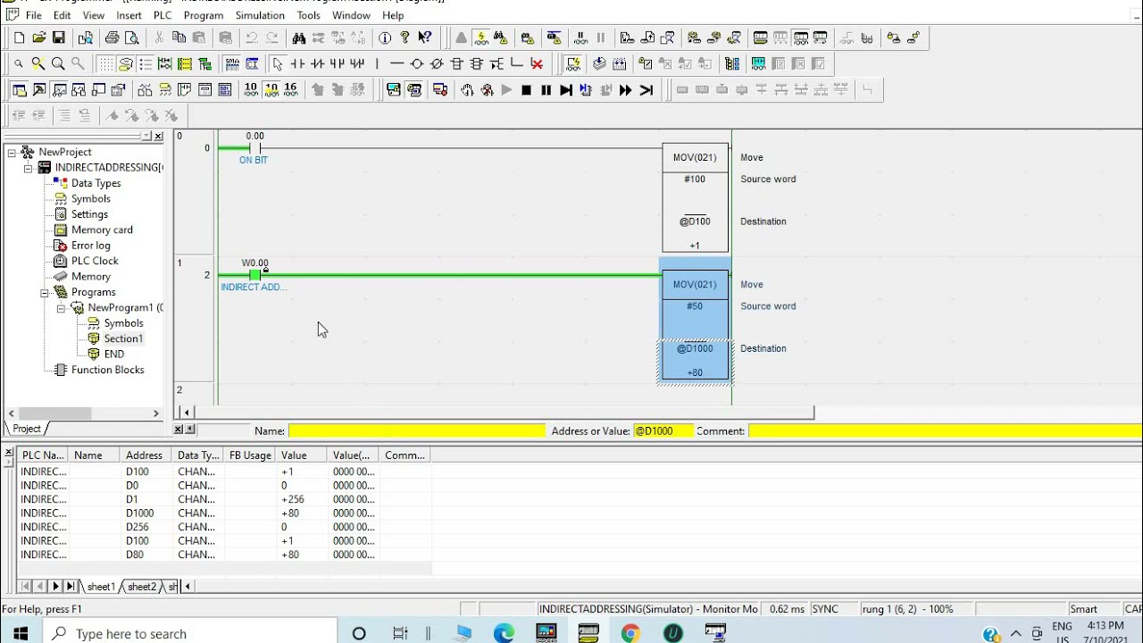Omron plc indirect addressing, use of pointer , mov in indirect address ir register