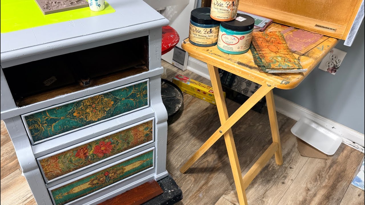 Furniture Makeover LIVE | Molds, Resin, Stamps, Decoupage + Faux Wood Paint Technique
