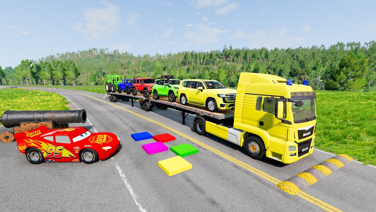 TRANSPORTING PIXAR CARS & FRUITS WITH COLORED & JOHN DEERE vs CLAAS vs TRACTORS - BeamNG.drive 