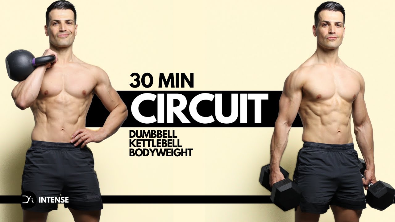 30 min Circuit HIIT workout | Dumbbells, Kettlebell and Bodyweight | Repeat