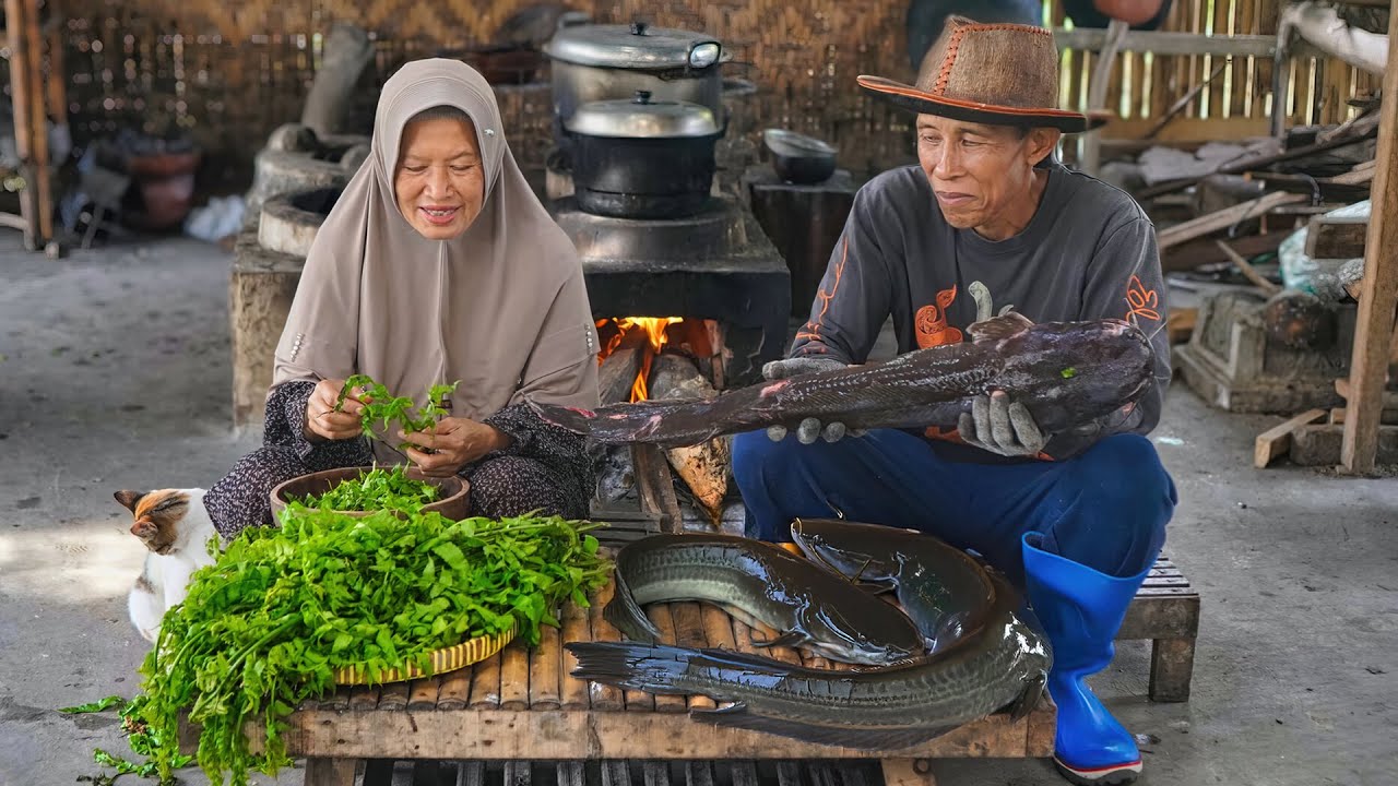 Menangkap Ikan Lele Jumbo di Kali | Masak Tumis Pakis, Filet Lele Tepung, dan Es Jeruk Kelapa Muda