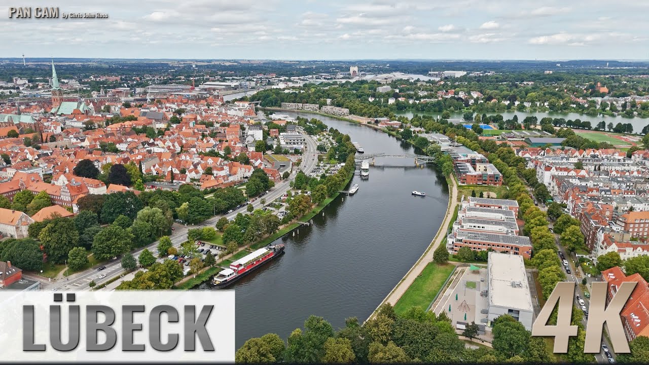 Lübeck, Germany: Innenstadt, St. Gertrud, St. Lorenz, Kanaltrave - 360° Luftpanorama - 4K UHD - 0350