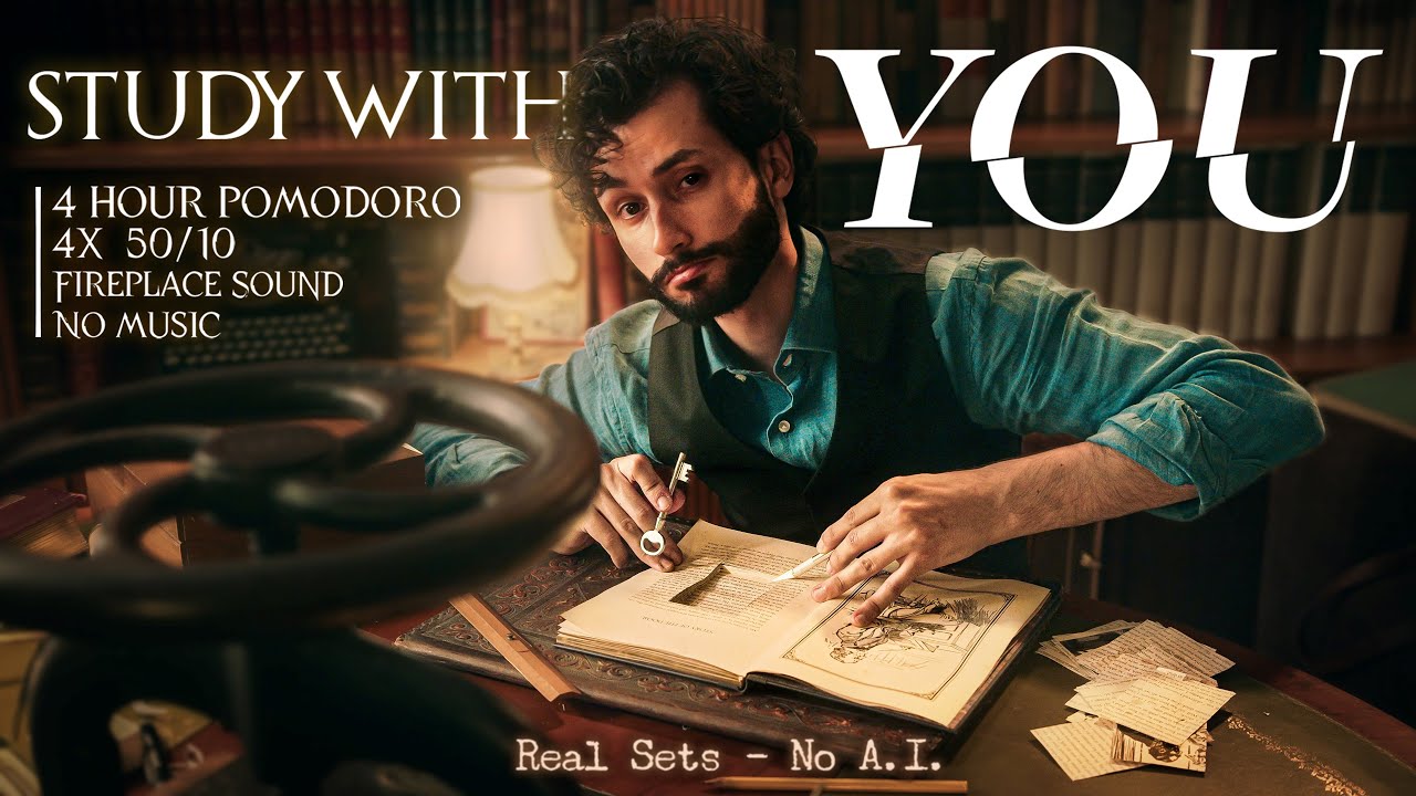 4H📚STUDY WITH ME ✍🏻 Joe Goldberg Cutting a Book🎧Pomodoro 50/10 (x4) 🔥Fireplace🔇No Music
