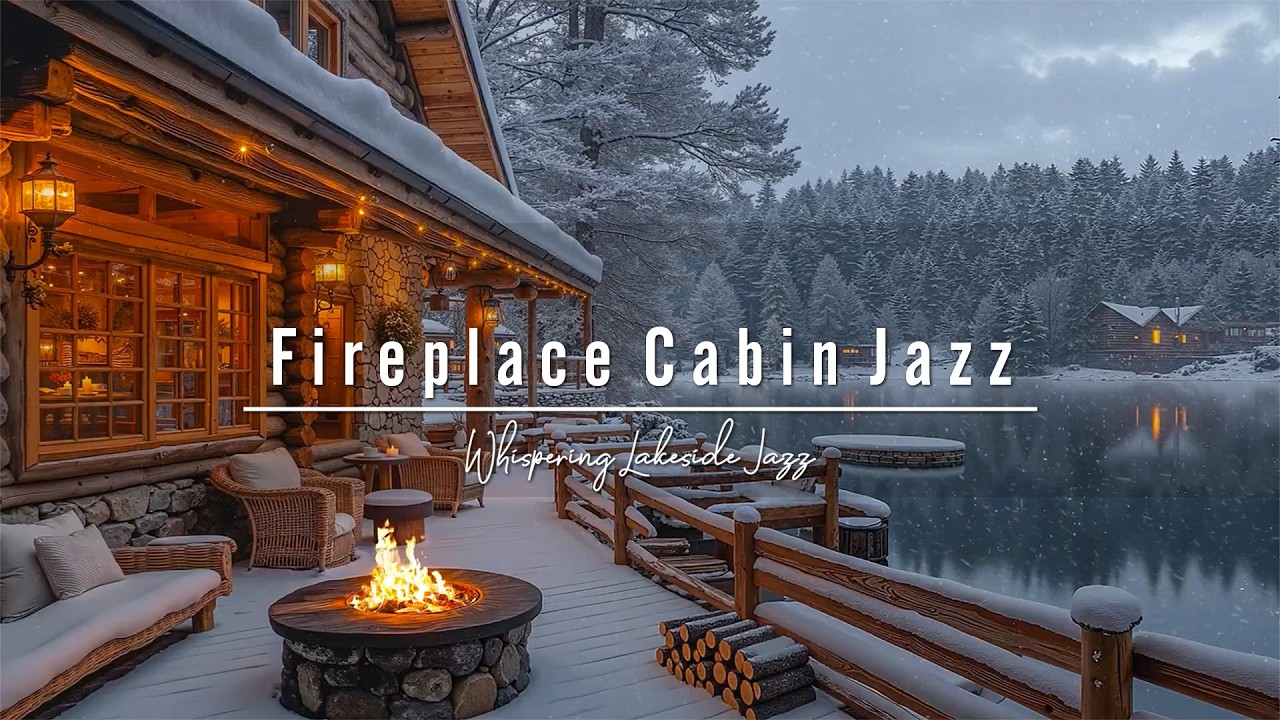 Warm Fireplace Jazz at a Snowy Lakeside Cabin Café Porch ☕ Relaxing Winter Jazz for Focus & Unwind