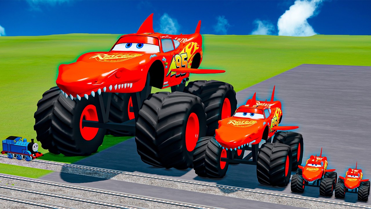 Big & Small Shark Lightning McQueen & Crazy Friends vs Speeding Trains & Obstacles | BeamNG.drive