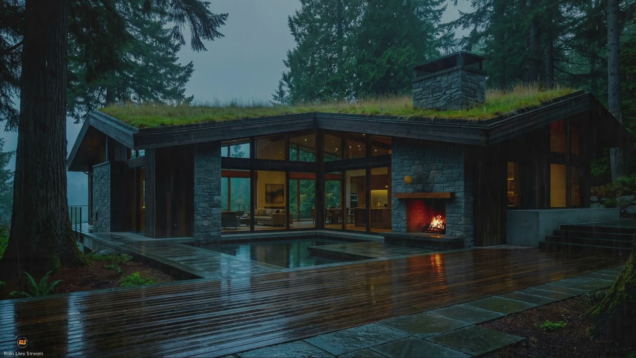 Enchanting Night Rain, Fireplace and Soft Thunder for Inner Peace in a Serene Forest Grass Roof Home