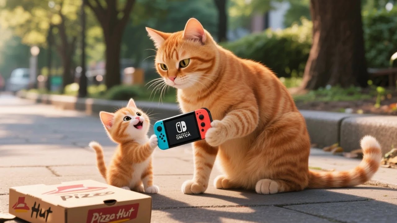 Mama Cat Works Hard at the Pizza Restaurant to Buy Kitten a Nintendo Switch and Pizza ❤️ #cat #cute