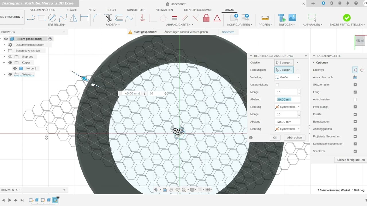 Hexagonale Wabenstruktur konstruieren in Fusion360 Tutorial Lufteinlass mit Gitter