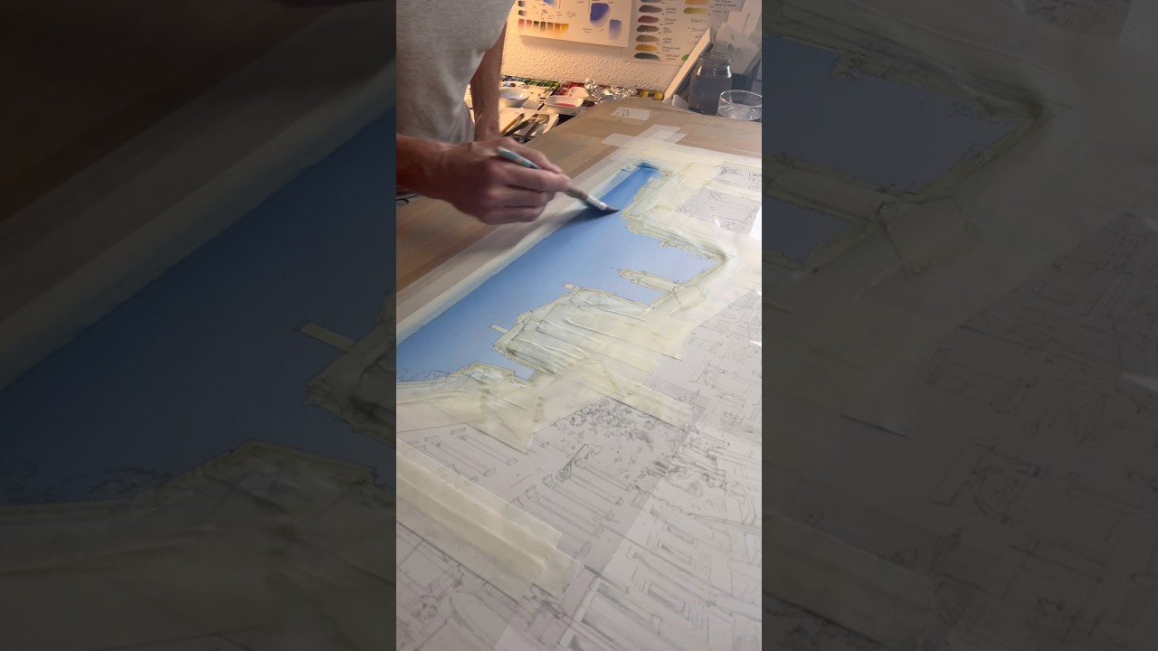 Рисование неба методом &laquo;мокрый по мокрому&raquo;.