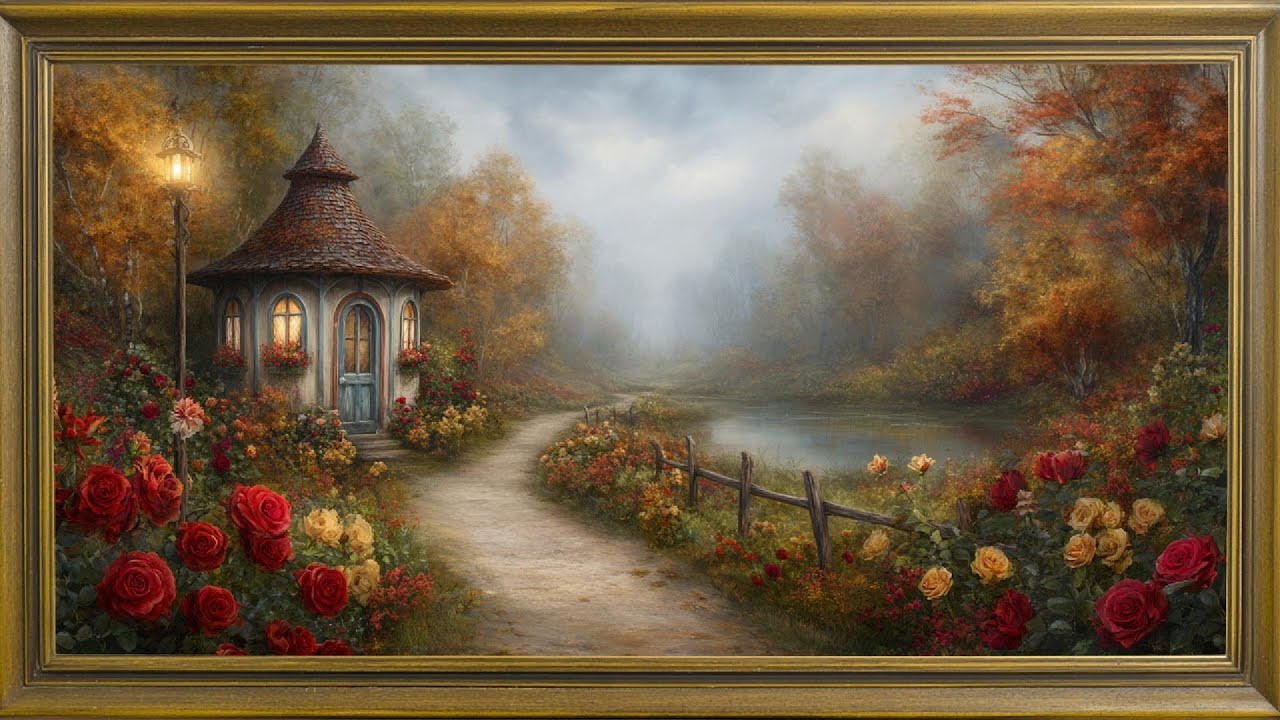 Romantic Rose Cottage Path | Vintage Framed TV Art Screensaver