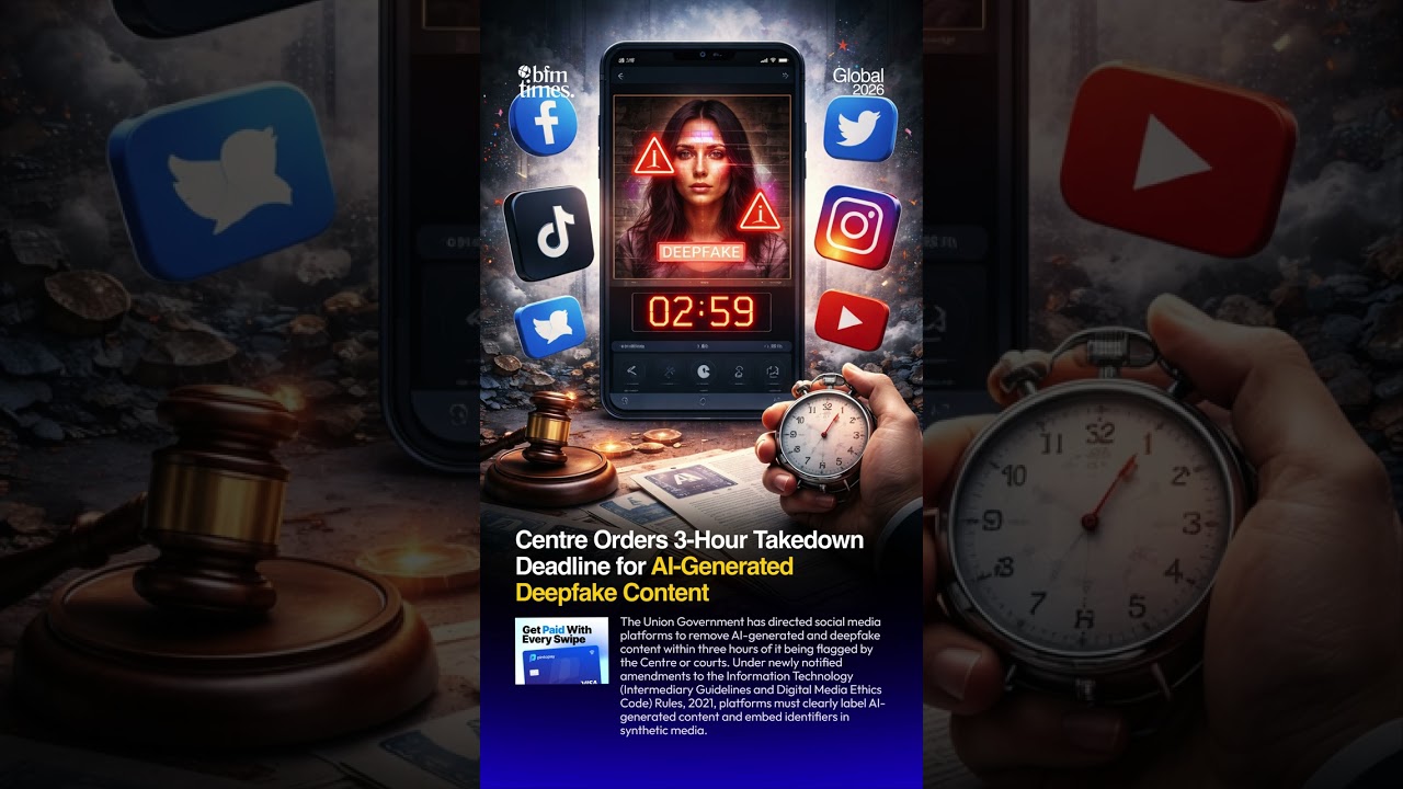 ⚖️ India Sets 3-Hour Takedown Rule for AI Deepfakes  Key points: &bull; Platforms must remove flagged AI-