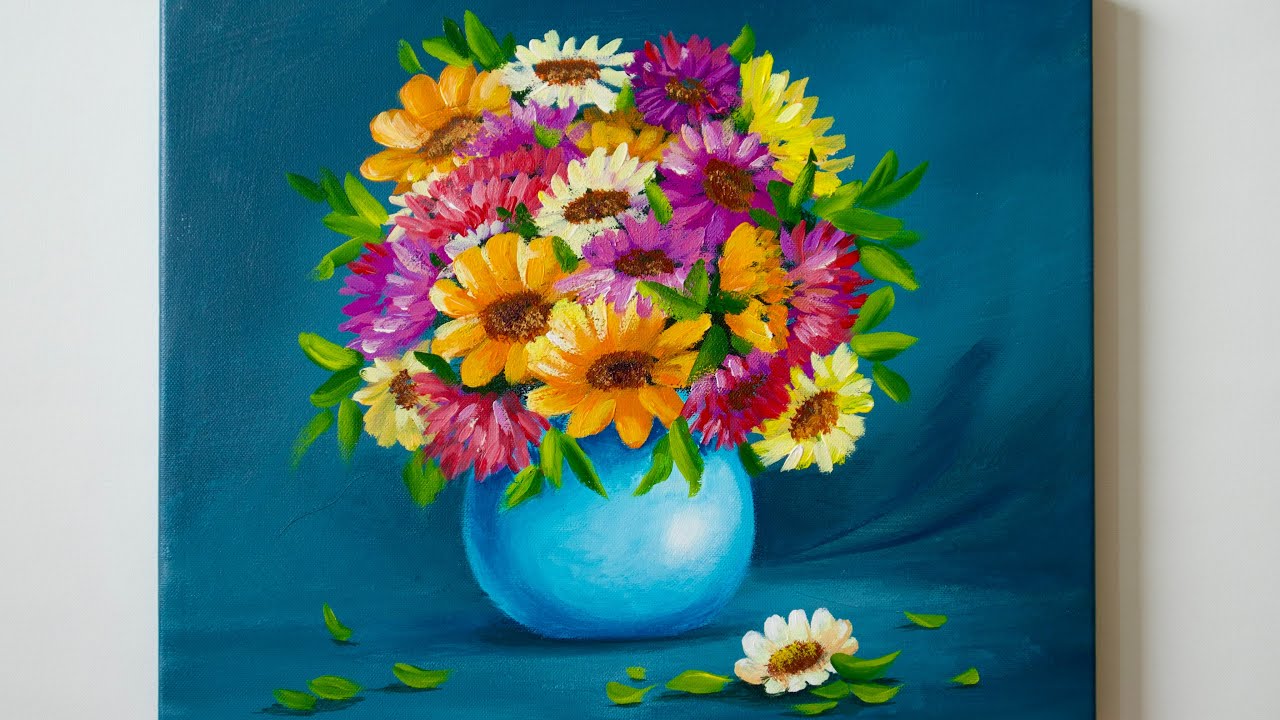 Acrylic Painting Bouquet Of Flowers | Flower Vase Still Life Painting