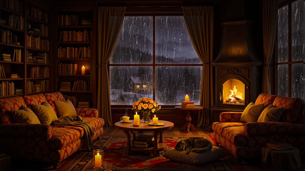 🌧️ Rain on Window at Night 🔥 Warm Fireplace Room for Deep Relaxation
