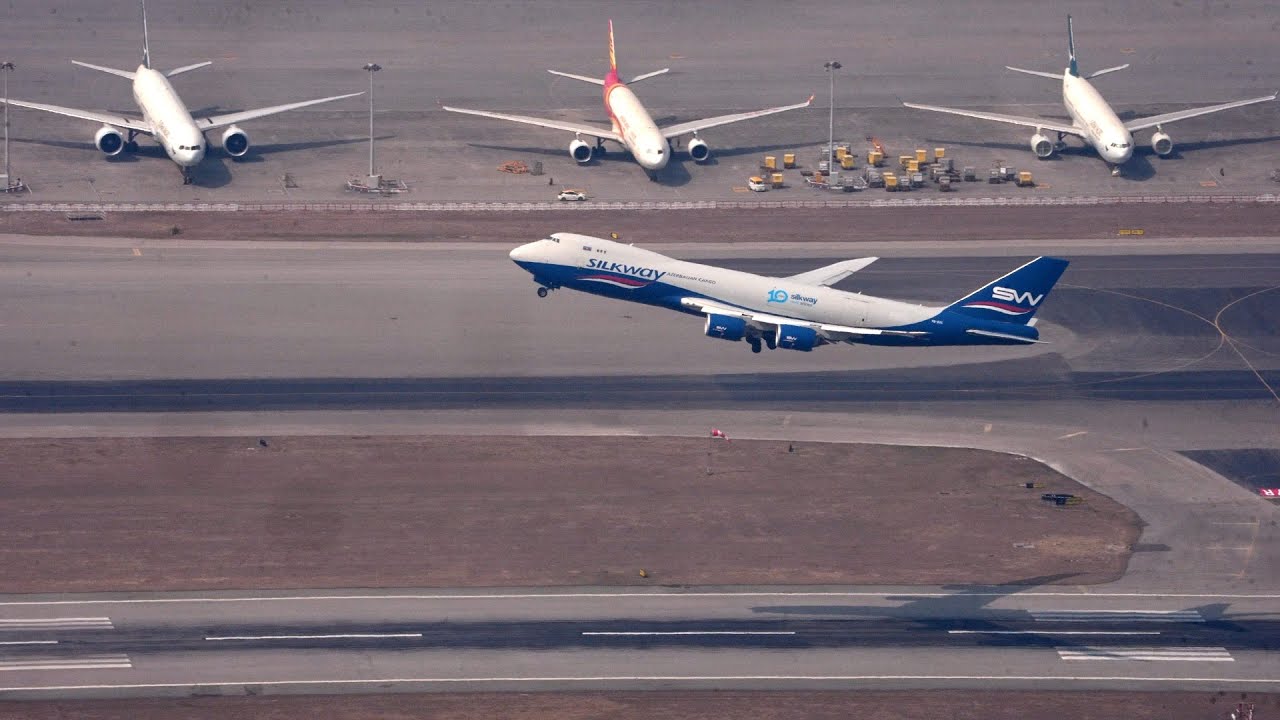 Silk way 747-8 take off Hong Kong with ATC