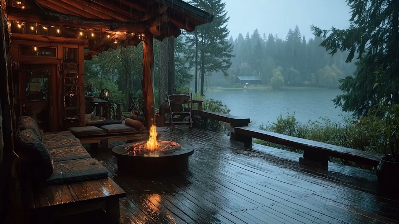 Peaceful Rainy Lake Balcony 🌧 Fireplace Ambience for Sleep, Relax & Study No Ads