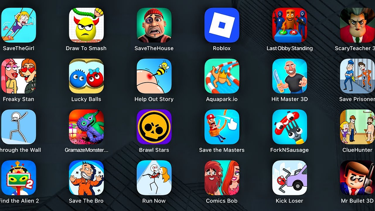 Draw To Smash, Roblox, Freaky Stan, ScaryTeacher 3D, Lucky Balls, Kick Loser, Save Prisoner