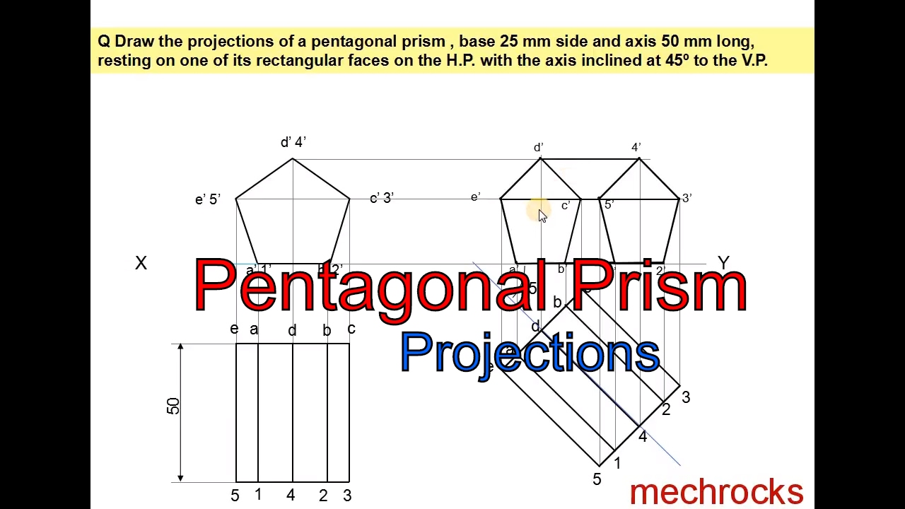 Projection of Solids - Pentagonal Prism Inclined to One Plane - Engineering Drawing