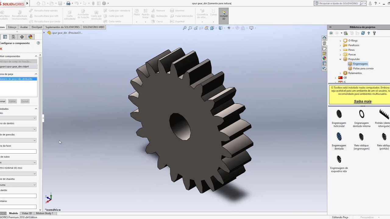 DESENHANDO UMA ENGRENAGEM UTILIZANDO O TOOLBOX - SOLIDWORKS