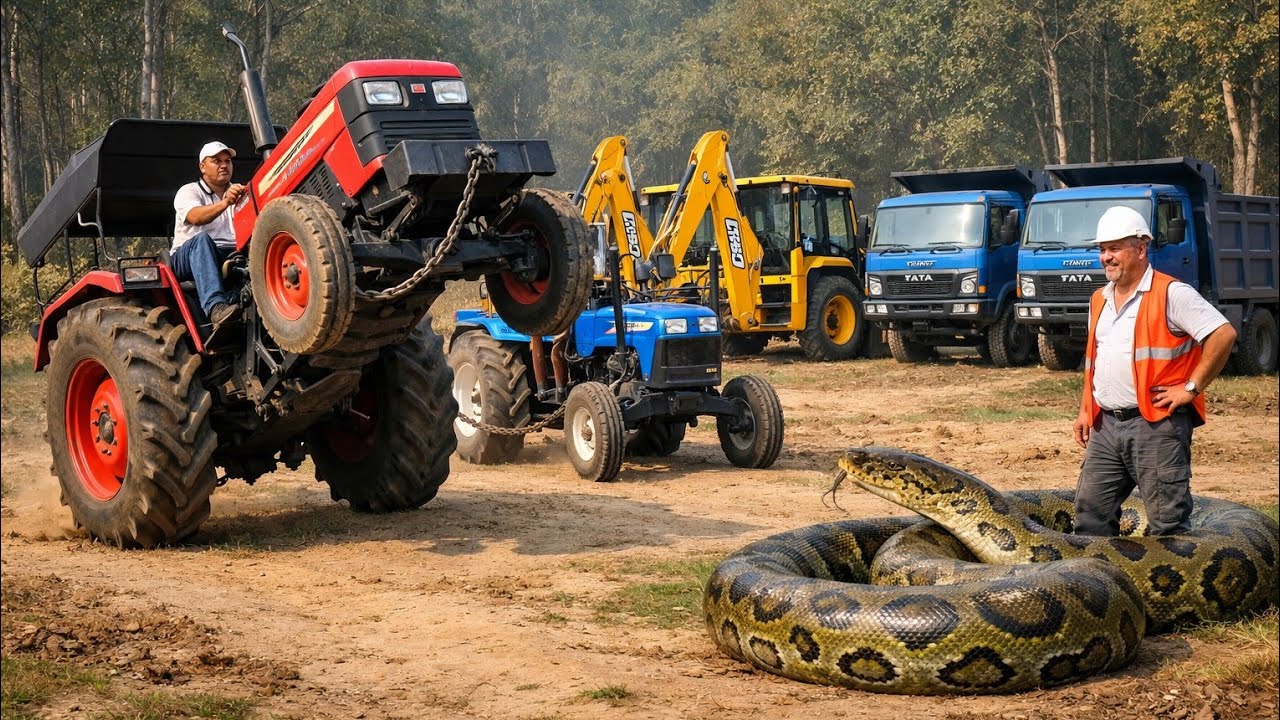 JCB 3dx Backhoe Machine Loading Mud in Swaraj 744FE Tractor Trolley and Eicher Tractor Trolley, Thar