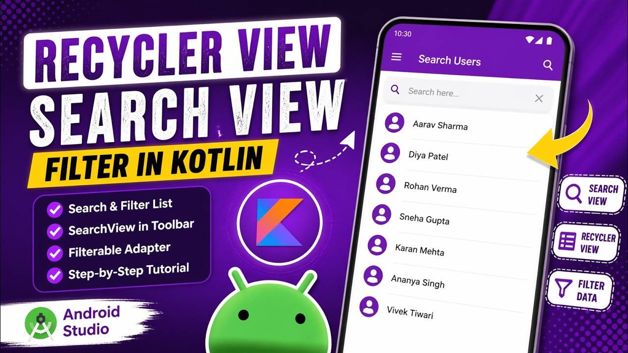 ANDROID - RECYCLER VIEW SEARCH VIEW FILTER FROM TOOLBAR || TUTORIAL IN KOTLIN
