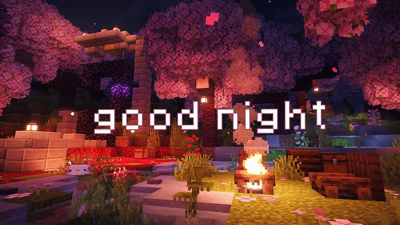 Quiet glow… (minecraft cherry garden + fire & night ambience)