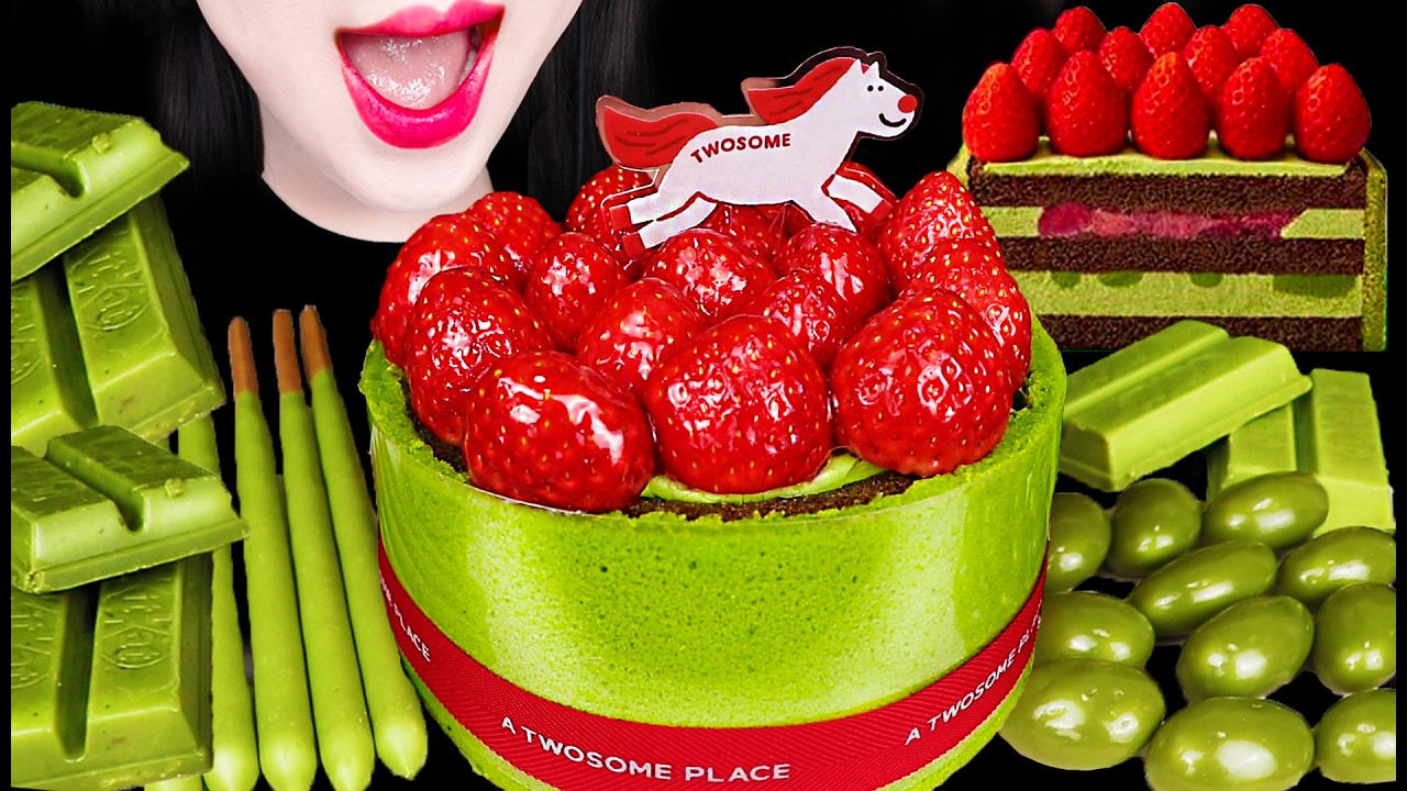ASMR 투썸 말차 스초생 먹방 MATCHA STRAWBERRY CHOCOLATE CAKE MUKBANG, EATING
