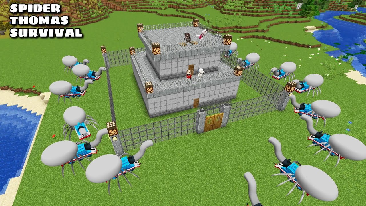 SURVIVAL BASE VS 100 SPIDER THOMAS in Minecraft - Gameplay - Coffin Meme