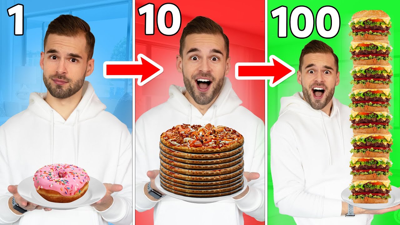 1 DAG STEEDS MEER LAGEN VOEDSEL ETEN! *100 Lagen Challenge*