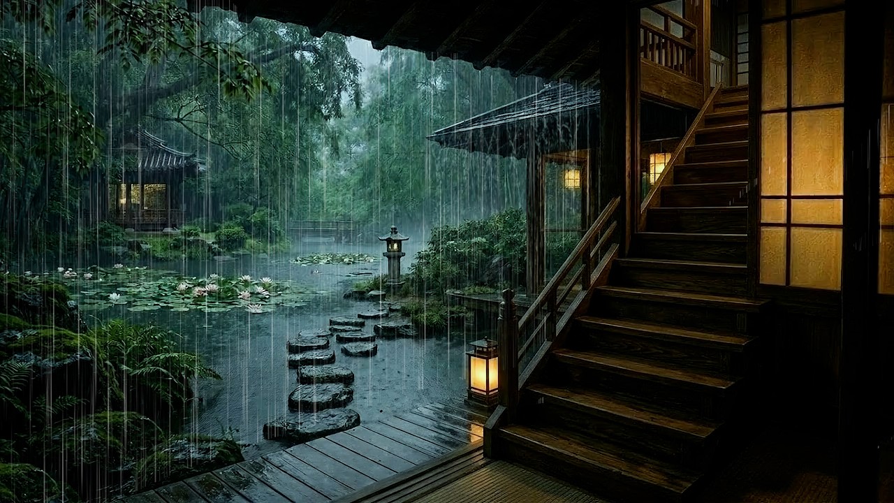 🌧️ Sleep Better on Forest Rainstorm by Forest Lake | ASMR Soft Rain on Wooden Cabin Porch