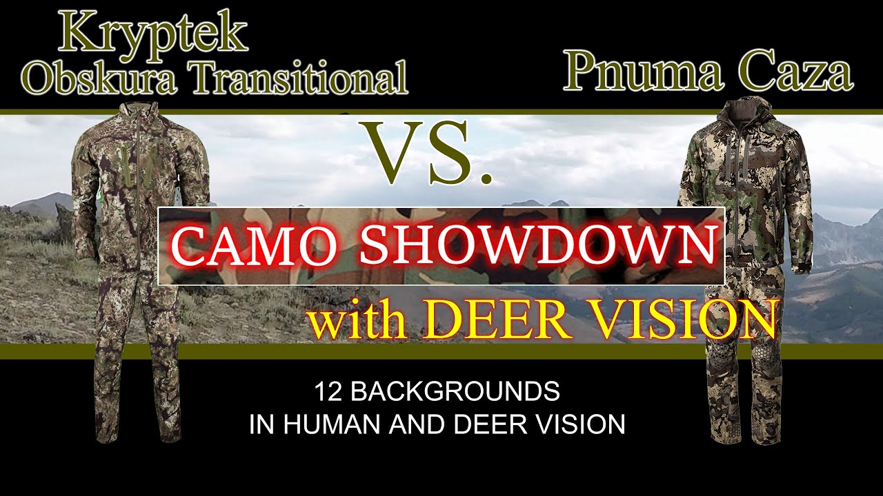 Kryptek Obskura Transitional Compared to Pnuma Caza on 12 Backgrounds in Human and Deer Vision