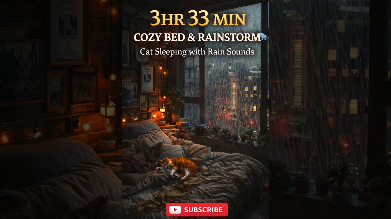 3 Hour 33 Min Rainy Bedroom 🌧️ Cozy Cat Sleeping on Bed | Deep Sleep & Relaxation Sounds