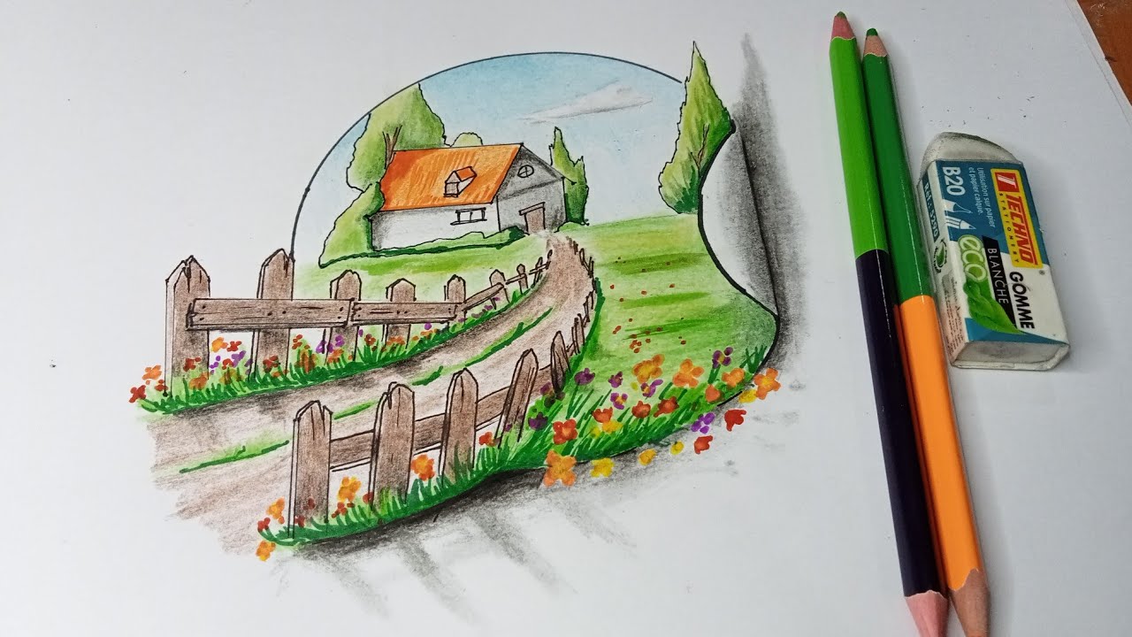 رسومات | رسم منظر طبيعي بالاقلام الخشبية خطوة بخطوة للمبتدئين | rsm | رسم سهل | رسم منظر طبيعي