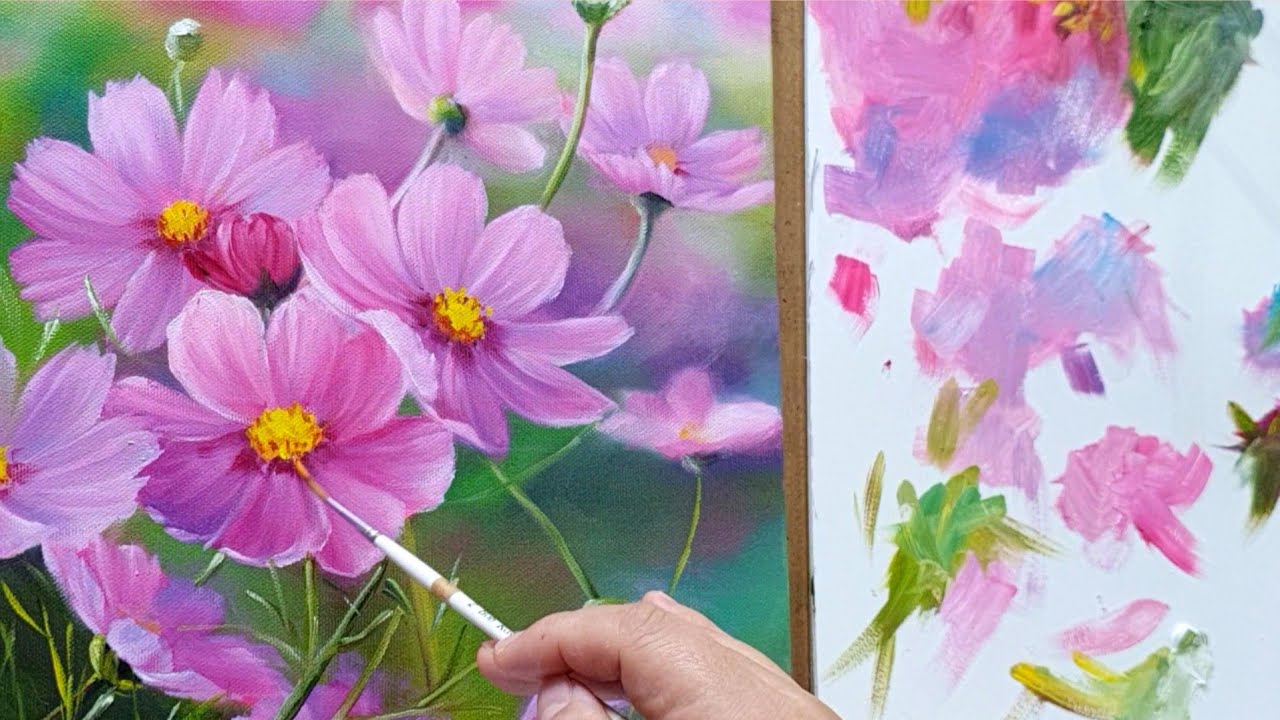 코스모스 그리기 -1  |  How to paint Cosmos Flower  part-1  |  Oil painting flowers  |  Drawing Cosmos