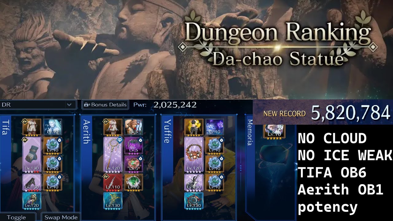 [FF7 Ever Crisis] Dungeon Ranking Da-chao Statue 5M800+ Score - No Cloud / OB6 Tifa / OB1 Aerith