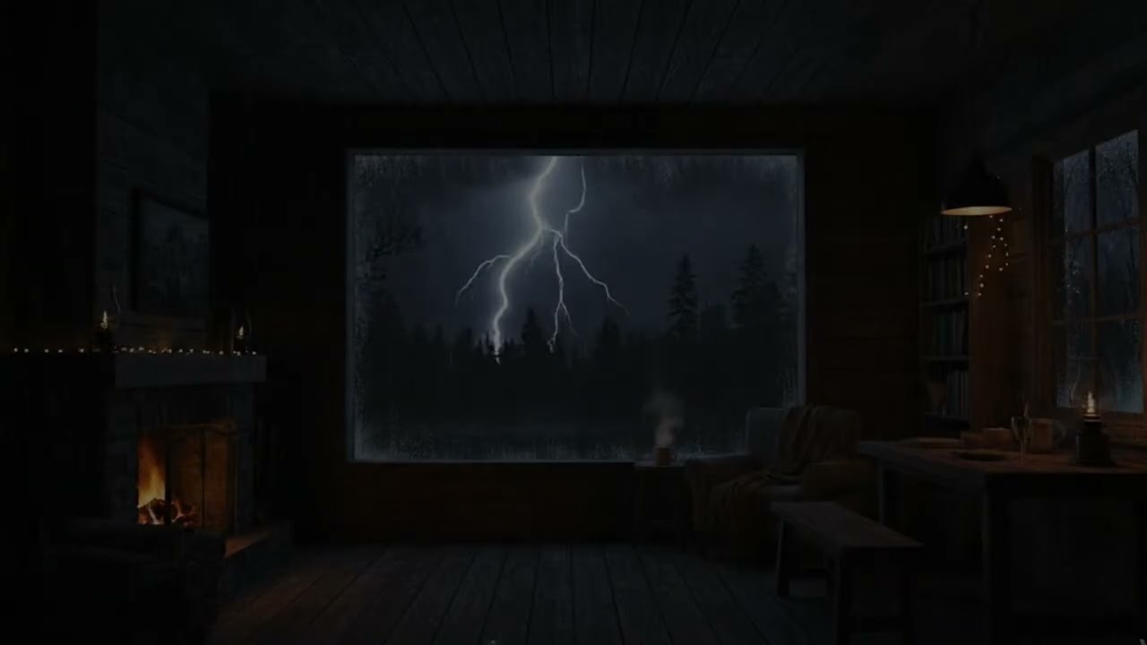 Heavy Thunderstorm Sounds for Sleeping 🌩️ Cozy Cabin Fireplace & Rain at Night (Dark Forest Storm)